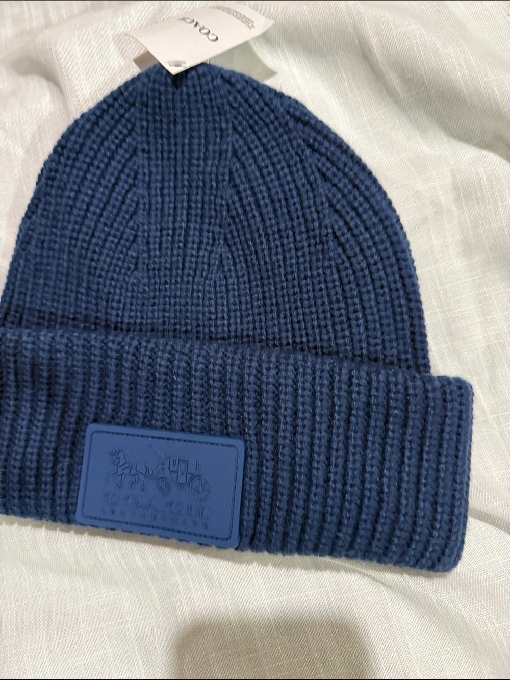Coach Blue Ribbed Knit Beanie Hat Leather Logo Patch One Size NWT